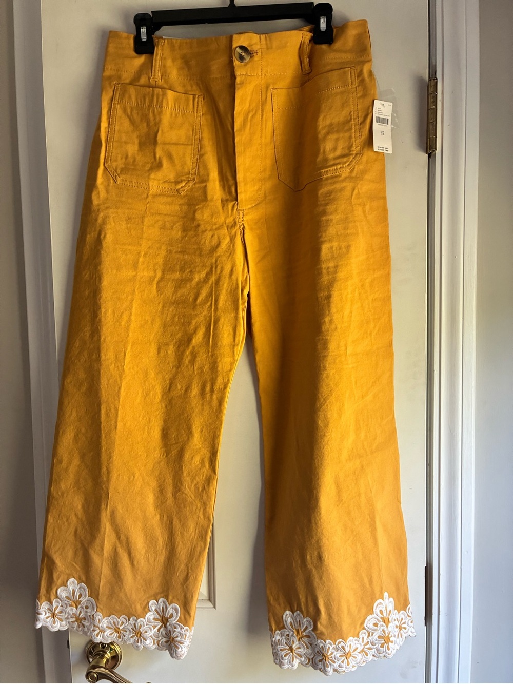 Maeve Mustard Yellow Wide-Leg Cropped Pants with White Floral Hem
